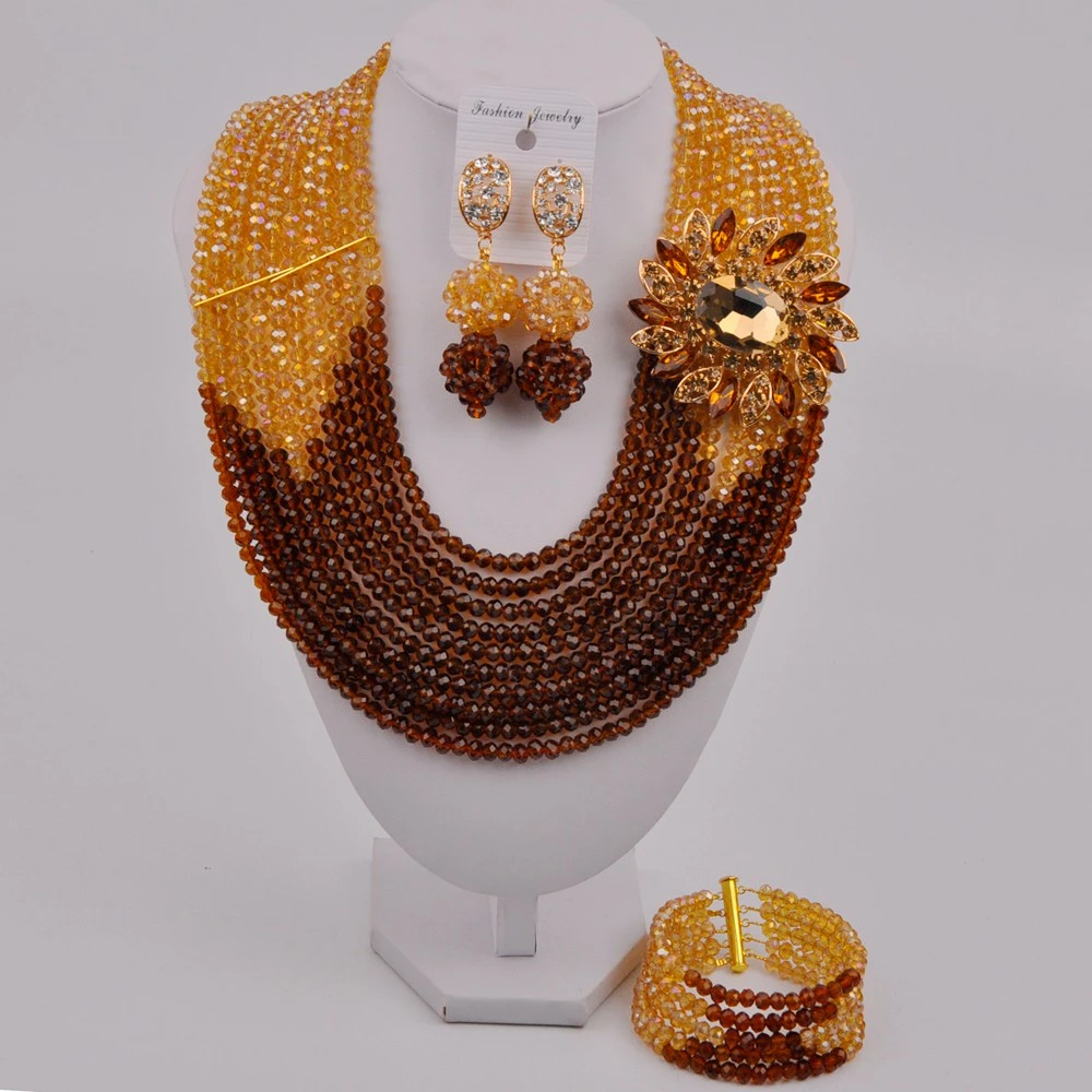 Nigerian Wedding African Brown and Gold Champagne Crystal Beads C-Chain Necklace Bride Jewelry Sets 