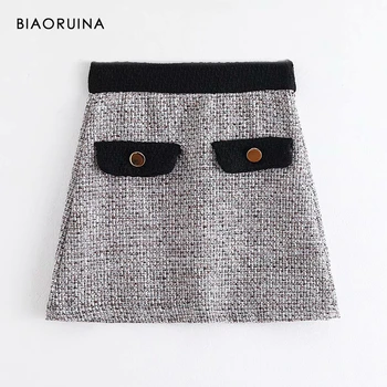 

BIAORUINA Women's 2020 Spring New Arrival Tweed Tassels Fashion Skirt Side Zipper Office Lady High Waist Elegant Skirt