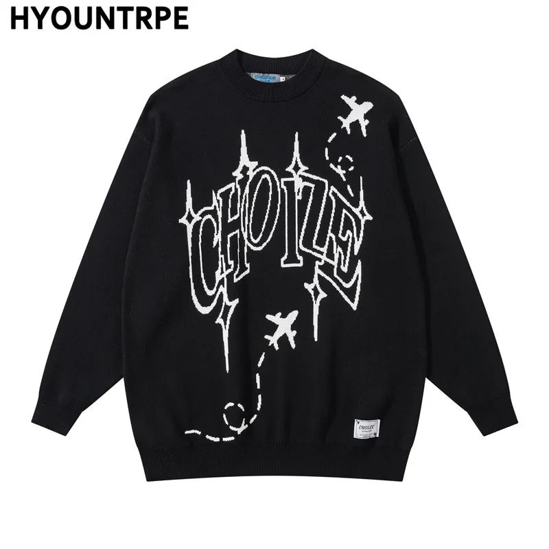Hip Hop Letter Knitted Oversize Sweater Men Harajuku O-neck Long Sleeve Pullover Streetwear Casual Loose Sweater Jumper Knitwear