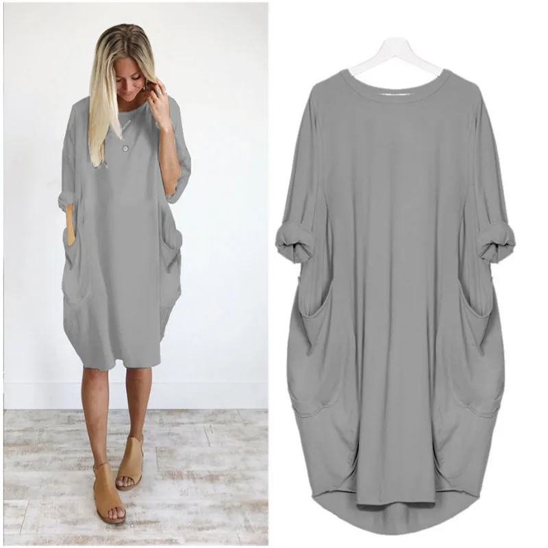 

Tall Woman Dress 2019 Summer Female Big Pocket Long Sleeve Solid Pullover Dress Ladies Casual Loose O-Neck Top Big Size Woman