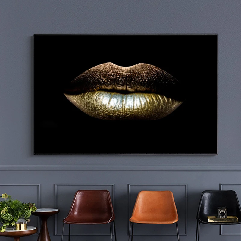 

Black Women Sexy Gold Lips Canvas Paintings on Canvas Makeup Girls Posters and Prints Wall Art For Living Room Home Decor