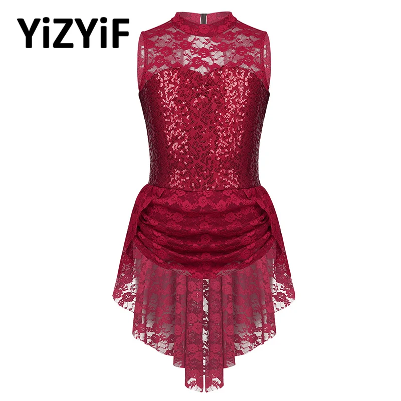 

Girls Ballet dance Dress Sequin Figure Ice Skating Dress Sleeveless Floral Lace Keyhole Back Roller Skating Ballet Leotard Dress