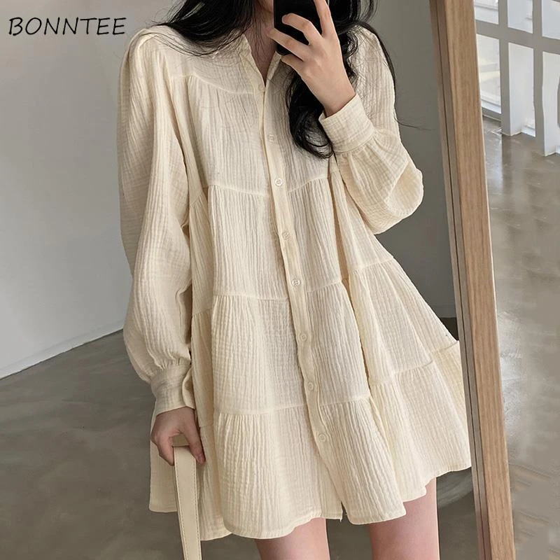 Long Sleeve Dress Women Ins Ulzzang Spring Lovely Solid A-line Ruffles Korean Apricot Fashion Retro Turn-down Collar  Clothes boho dresses Dresses