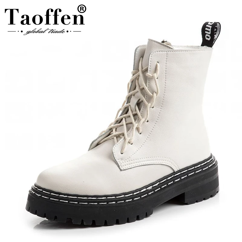 

Taoffen Solid Color Ankle Boots For Women Leather Square Heel Sewing Shoes Women Round Toe Lacing Dressing Footwear Size 35-39