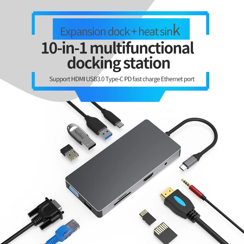 10 в 1 type-c Док-Станция HDMI HD VGA usb3.0 концентратор сплиттер конвертер Многофункциональный type-c док-станция компьютерный адаптер для MacBook