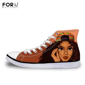 

FORUDESIGNS Fashion Woman High Top Canvas Shoes Black Art African Girl Hair Women Afro Pattern Vulcanized Shoes Breath Footwear