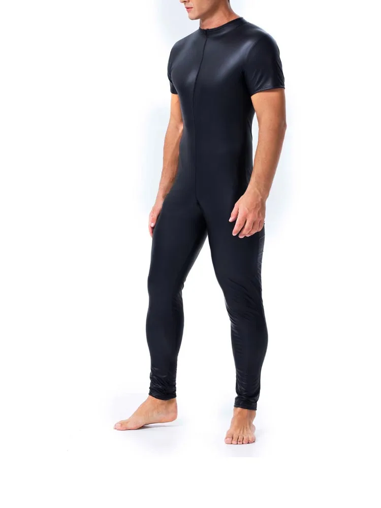 Men Faux Leather Uniform Full Body Bodysuit Zipper Crotch Short Sleeves