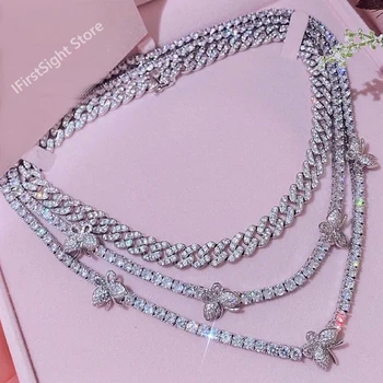 

Silver Color Pink Butterflys Necklace Iced Out Bling AAAA Zircon 5mm Tennis Chain Butterfly Choker Women Hip Hop Fashio Jewelry