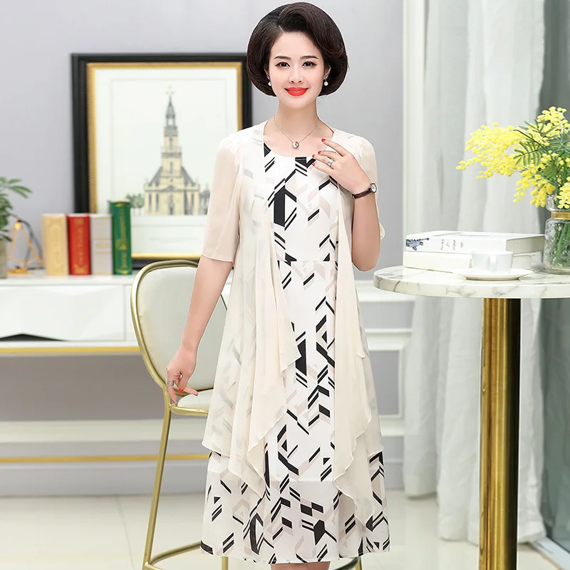 

Middle-aged Summer Wear for Women Set Chiffon Middle-aged WOMEN'S Apparels Mid-length Thin Dress Middle-aged Women Dress-Style T