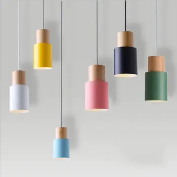 

Nordic Free bulbs Hang lamp Colorful Aluminum Fixture Kitchen Island Bar Hotel Home decor E27 Wood Pendant Lights