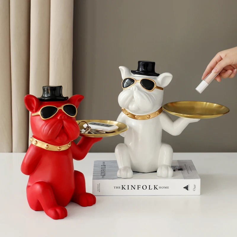 Green Bulldog with Metal Tray Table décor Resin Dog statue home decoration Dog Figurine with Decorative Tray for Keys Jewelry