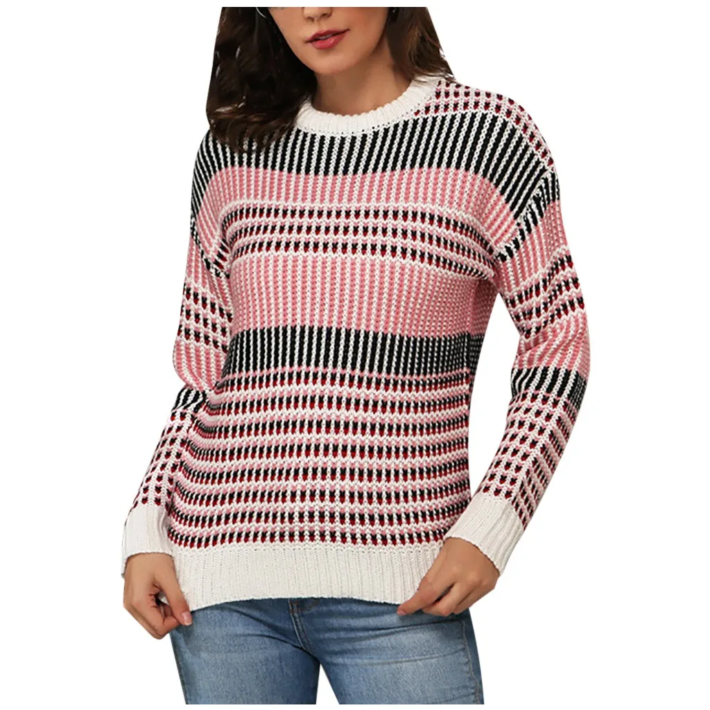 Multicolor Sagace/футболки для девочек; Разноцветные полосатые вязанные топы с длинными рукавами и круглым вырезом; модная повседневная одежда для женщин; Топ - Цвет: Multicolor