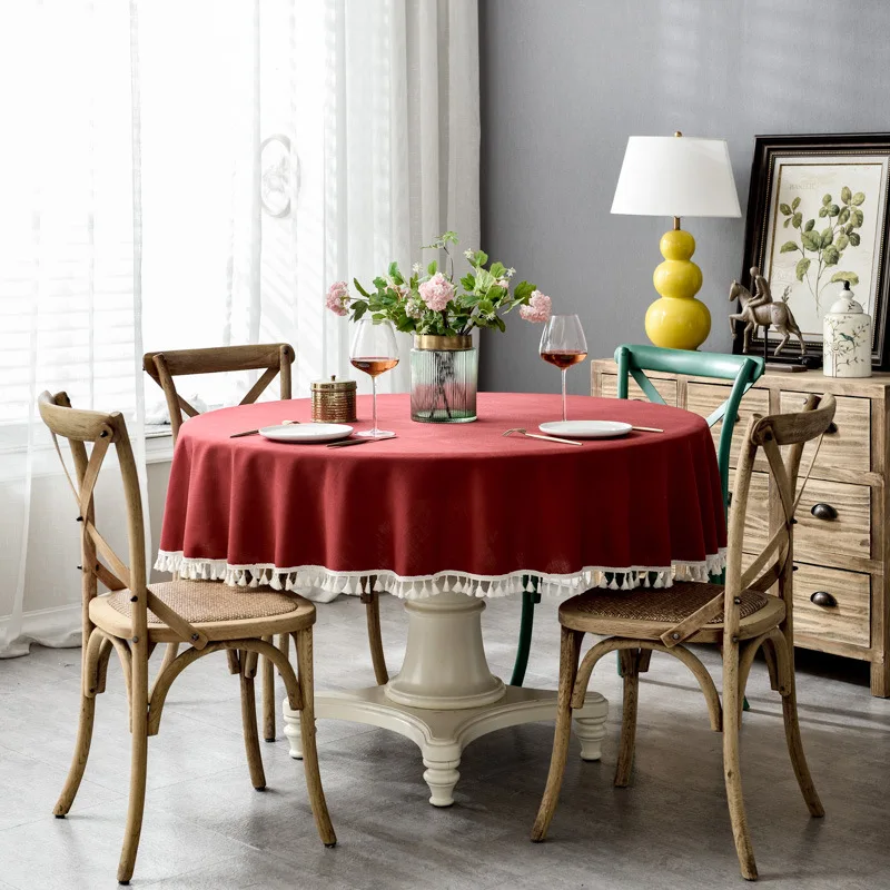 

Circular Tablecloth Nordic Solid Color Waterproof Oil Proof Cotton Ramie Tassel Lace Home Decoration Round Table Tea Tablecloth