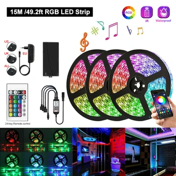 

3528 RGB LED Strip Light 5M 10M 15M Waterproof LED Diode Tape Ribbon Bluetooth APP Control 12V Power Kit Music Sync Full Set