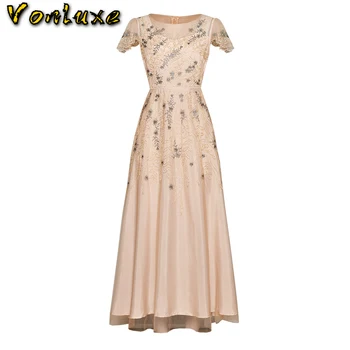 

2020 Designer Runway Maxi Women's Flower Embroidery Dress Lace Beads High Quality Luxury New Fashion Summer Long Dresses