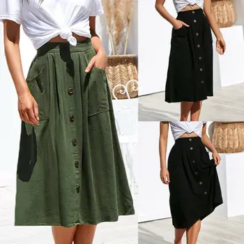 

Women Skirt Elastic High Waist Pocket Skirt Lady Solid Color Button A-line Skirt Summer Casual Women Girl Clothes