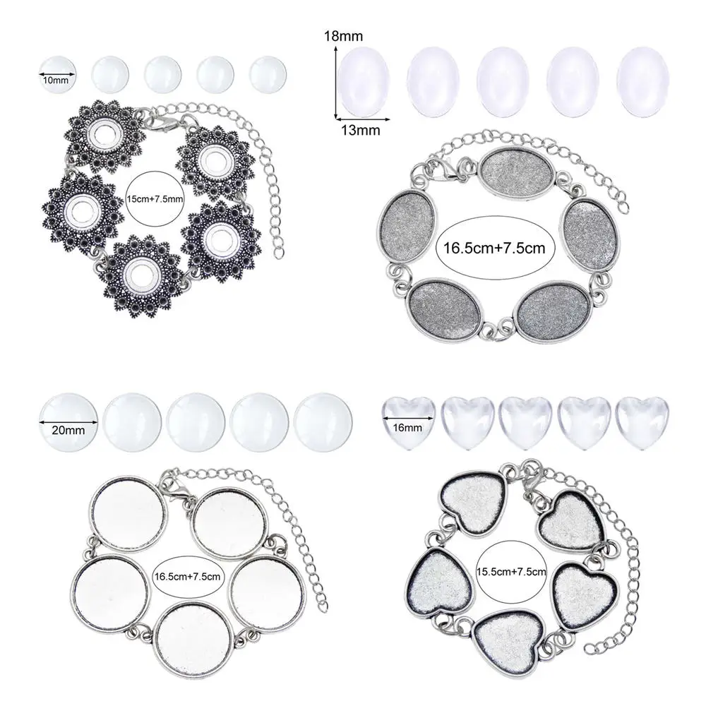 4pcs Mix Round Heart Cabochons Antique Silver Connector Base Bracelet Setting Bezel Blank With Glass For Bangle Making | Украшения и