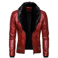 ABOORUN Mens Punk Rivet Zipper Leather Jacket Detachable Fur Collar Red Black Slim Motorcycle Biker Thicken Leather Jacket R2938 1