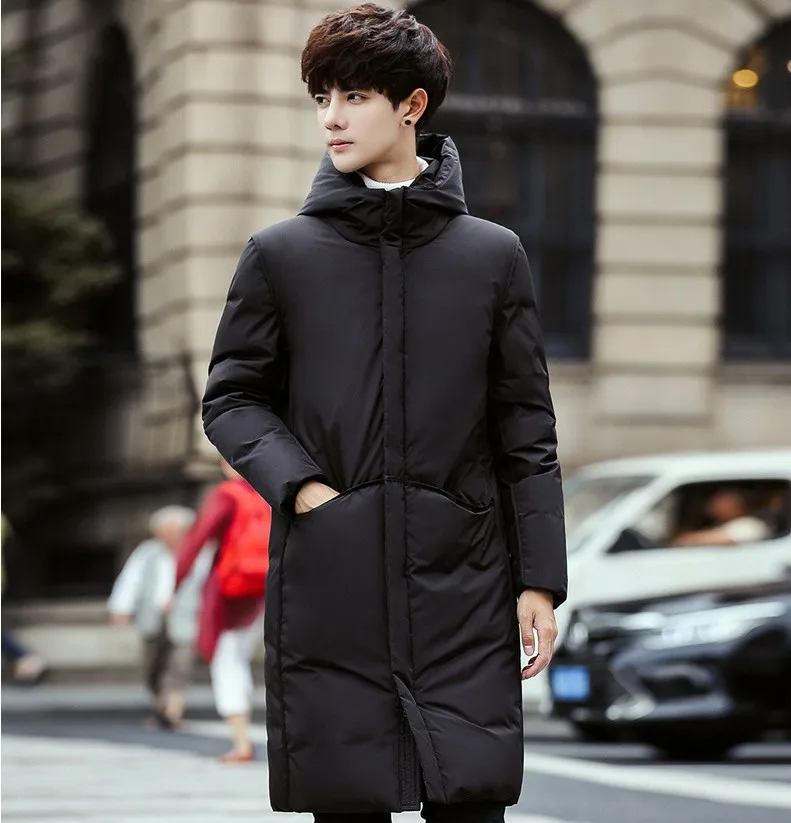 Black Gray Long Winter Down Jacket Men Thick Warm Hooded Loose Solid Outerwear Fashion Windproof Overcoat Mens Clothes YT50206