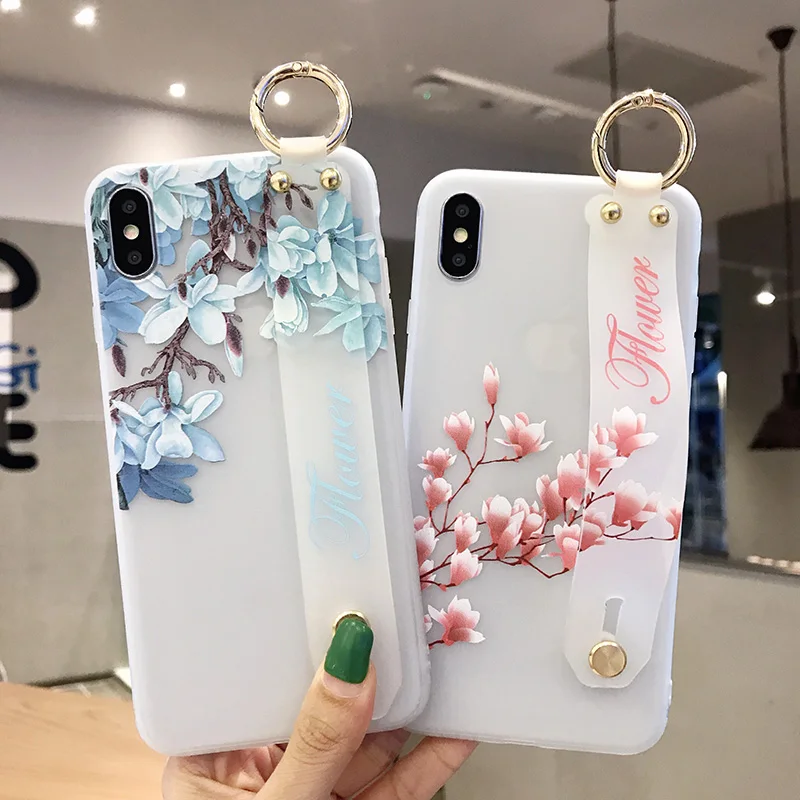 

Lovely Flowers Phone Case For iphone XS Max X XR 8 7 6 6S Plus Cover Wrist Strap Hand Band Case Soft TPU Relief Coque Stand Capa