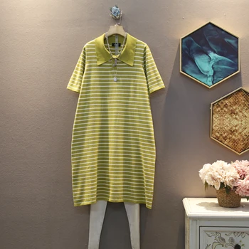 

[EWQ] 2020 Spring Summer New Arrivals Turn Down Collar Short Sleeve Striped Pattern Women Casual Loose Knee-length Dress AW90906