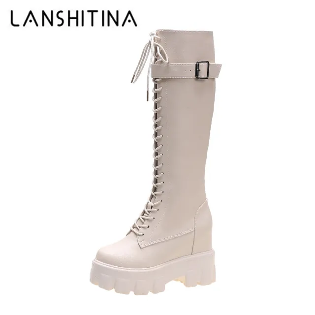 US $23.50 Women's Platform Knee High Boots Fashion Cross-tied Long Boots Winter Short Plush Warm Motorcycle B