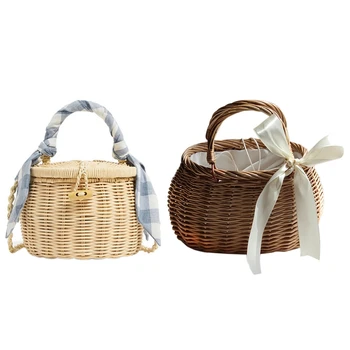 

Ribbons Bow Tie Top-Handle Wicker Bags String Rural Rattan Bags & Women Bucket Handbag Scarves Straw Beach Tote Bag