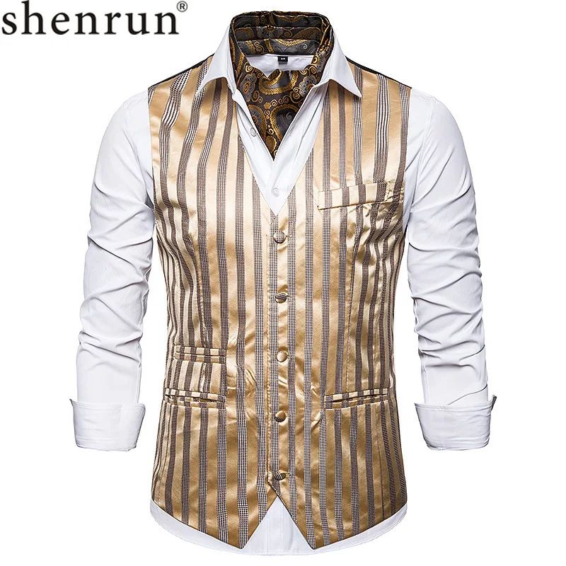 

Shenrun Men Fashion Vests Autumn Winter Single Breasted Stripe Print Casual Vest Party Stage Dress Singer Host Costume Waistcoat