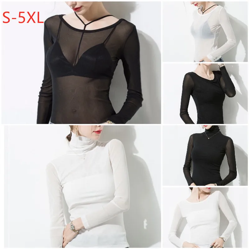 Мила S 5XL модная черно белая Тюлевая облегающая блузка с длинным рукавом