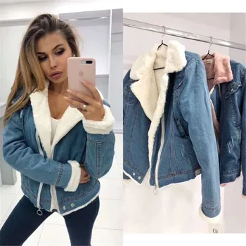 

INITIALDREAM New Thick Velvet Denim Jacket Outerwear 2019 Winter Warm Women Zipper Jean Jacket Coat Casual Clothing
