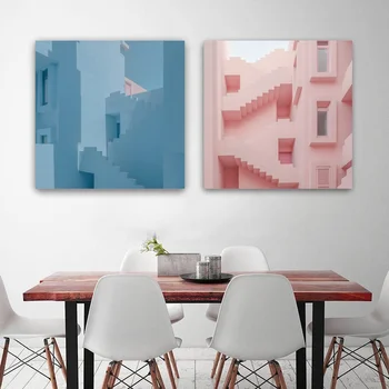 

Modern Pink Stairs Blue Building Nordic Pop Fashion Art Canvas Poster Poster Wall Pictures for Living Room No Frame