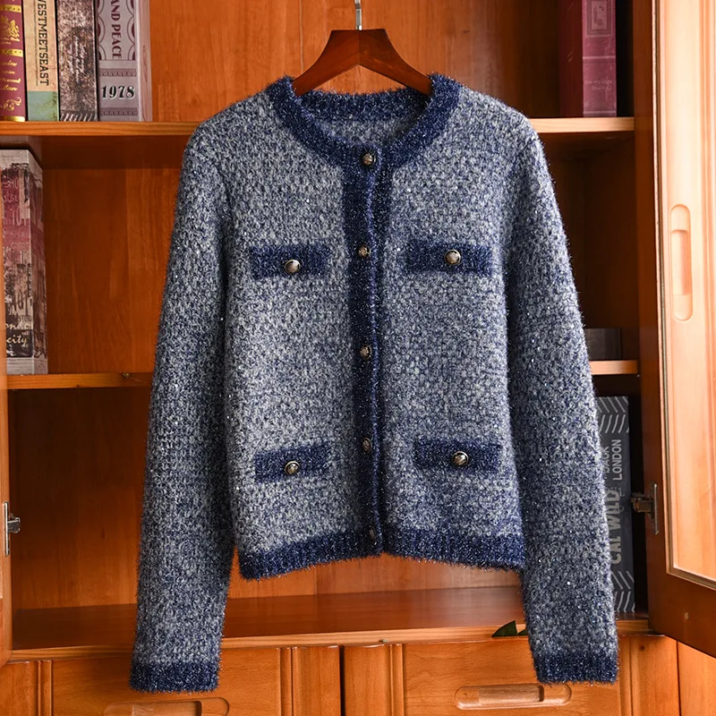 

Women Sweaters Korean Autumn Winter Knit Cardigans O-neck Single Breasted Buttons Knitwear Sweater Elegant Blue Cardigan