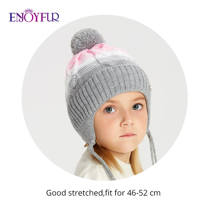 Kids winter knit hats real fur fox pompom wool bonnets children beanies