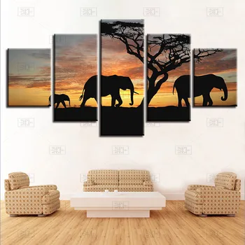 

Animals Posters 5 Pieces Canvas Painting Sunset African Elephant Wall Art Picture Home Decoration Print Posters For Living Room