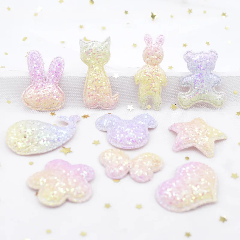 

10pcs Glitter Fabric Applique Butterfly Mouse Star Flower Heart Rabbit Bear Cat Fish Baby Patches for DIY Hair Clips Decor H75