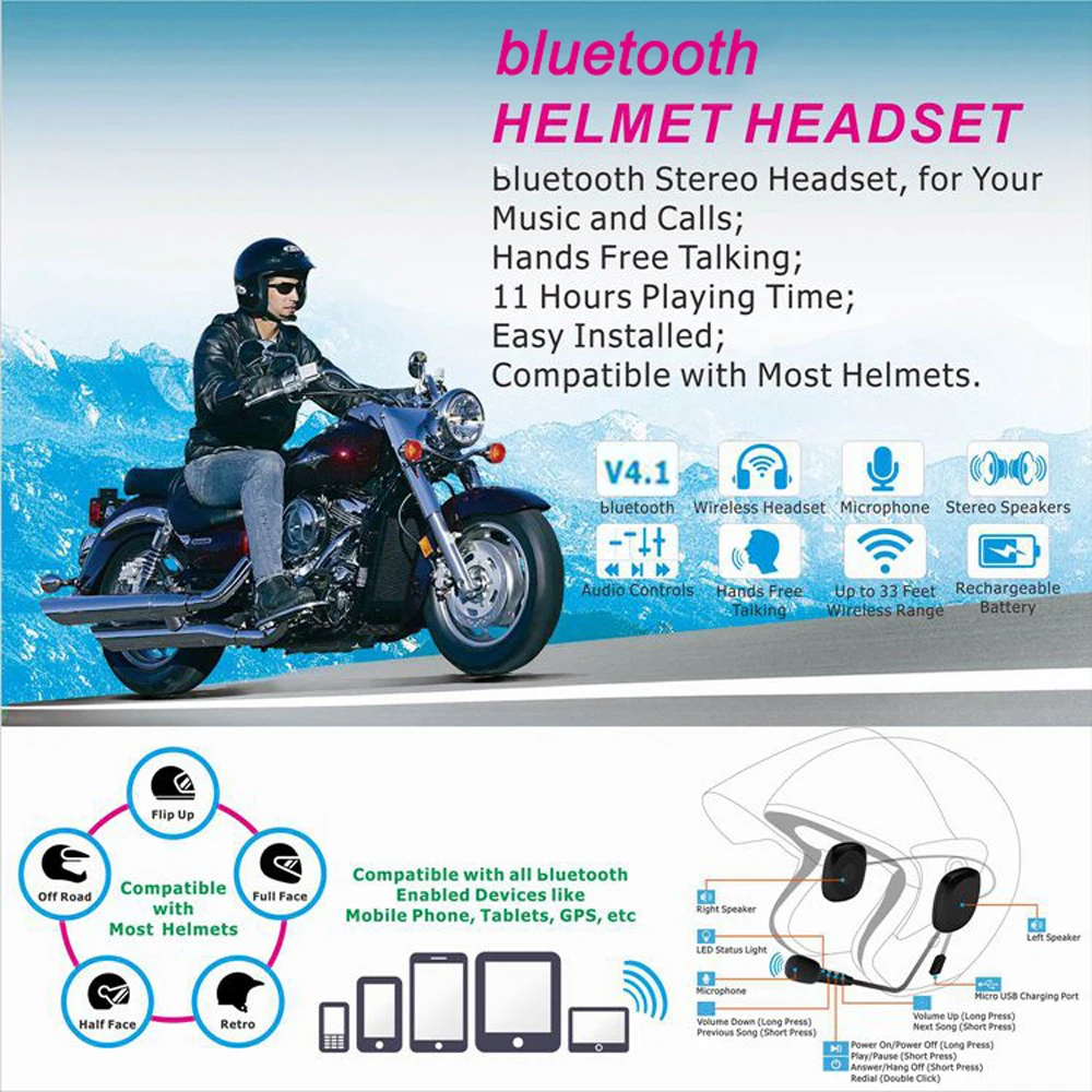 50 м водонепроницаемый Мото bluetooth беспроводной анти помехи шлем гарнитура Hands Free
