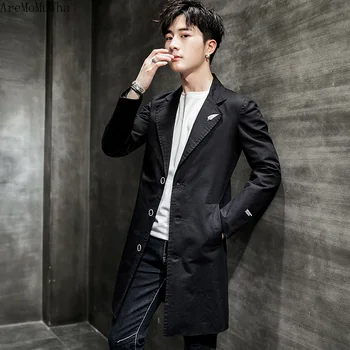 

AreMoMuWha Windbreaker Men 2019 Autumn Korean Harujuku Fashion Youth Cotton Lapel Medium Long Coat Men's Large Size Jacket QX874