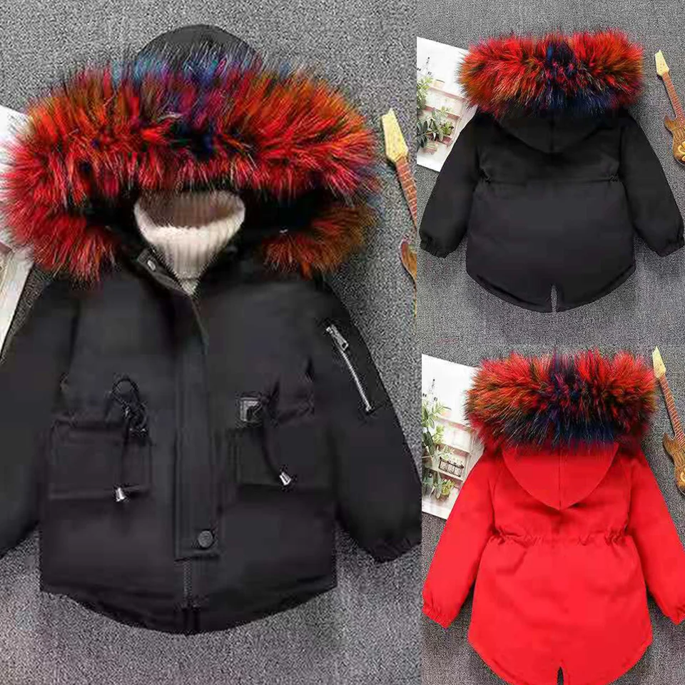 Детские куртки черного и красного цветов зимнее утепленное пуховое пальто с капюшоном для девочек детская теплая короткая стильная верхняя одежда, парки