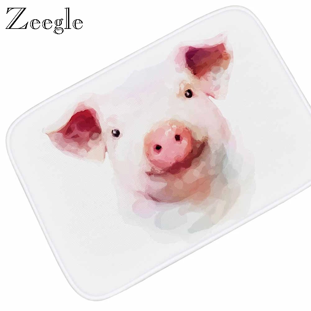 Zeegle Cute Pig Funny Doormat Floor Mat Anti Slip Kitchen Carpet Hallway Floor Rug Flannel Soft Out Door Mat Absorbent Foot Mat