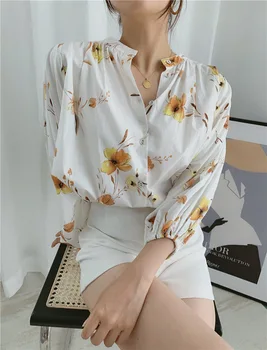 

Women's Shirt 2020 Spring Summer New French Romance Stand Cotton Vintage Floral Print Puff Sleeve Female Top Blouse