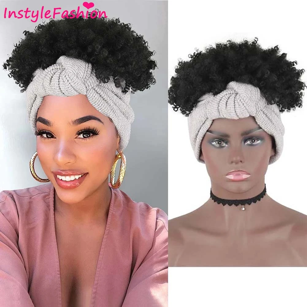 Synthetic Headband Wig Afro Short Curly Wigs for Black Women Head Wrap with  Colorful Headband Kinky Curly Wig with Bangs|Synthetic None-Lace Wigs| -  AliExpress