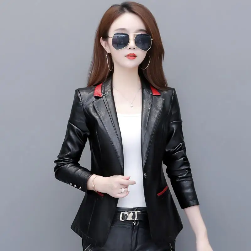 black and wine red Новая мода плюс размер 3XL 4XL кожаная куртка женская кожаная куртка Осенняя мотоциклетная Женская кожаная куртка тонкое женское пальто - Цвет: black and wine red