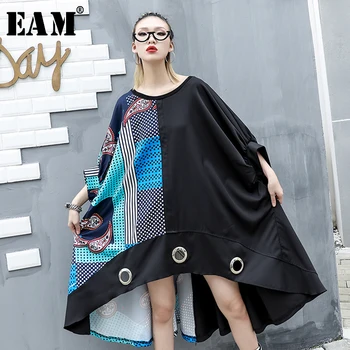 

[EAM] Women Pattern Printed Back Long Big Size Dress New Round Neck Three-quarter Sleeve Loose Fashion Spring Summer 2020 AE363