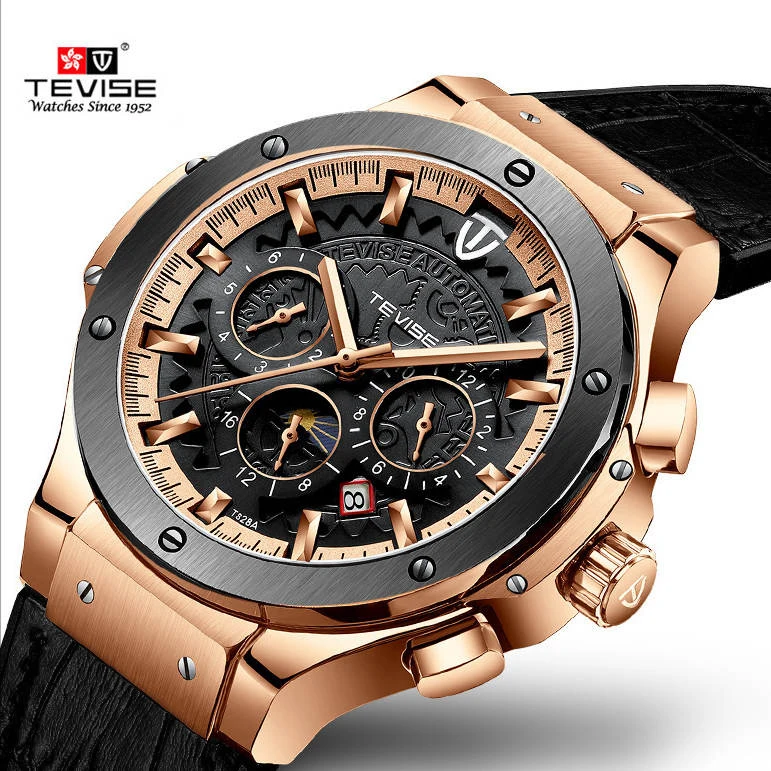 

Tevise Casual Men Watch Automatic Mechanical Watches Moon phase Waterproof Sport Gift Leather Male Clock Wristwatches Gifts