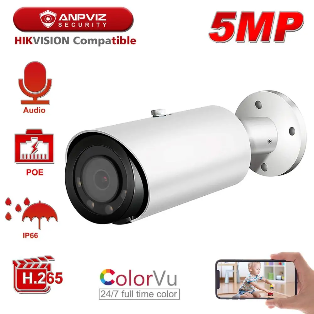 Hikvision совместимая с Anpviz 5MP Starlight POE ip камера Bullet супер Цветная безопасности