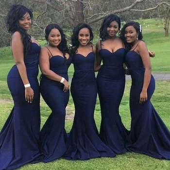 

Navy Blue Cheap Bridesmaid Dresses Under 50 Mermaid Spaghetti Straps Satin Backless Long Wedding Party Dresses