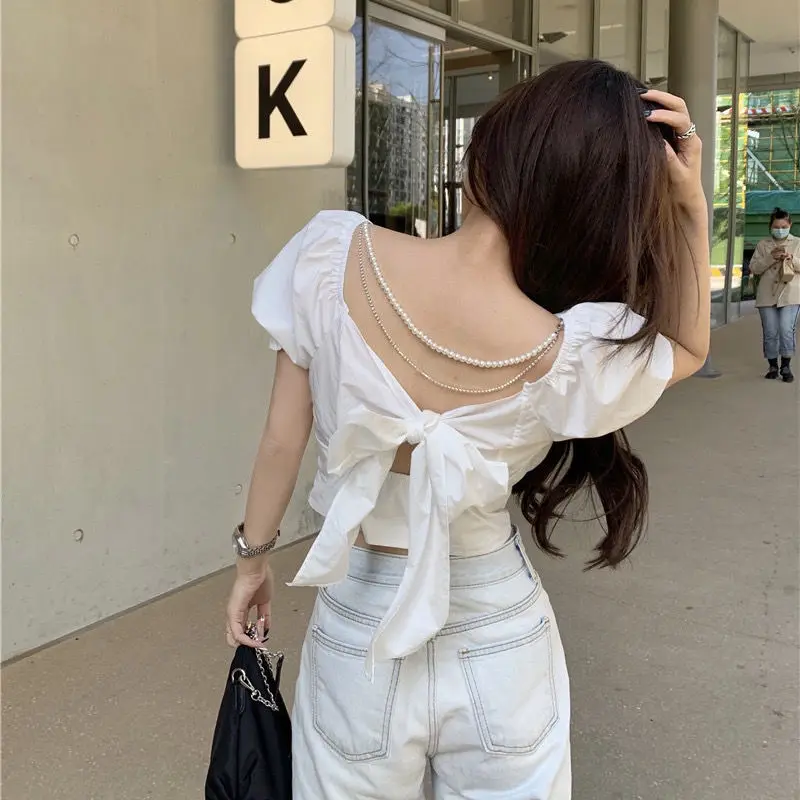 Fashion New Pearl Chain Shirt Women Summer French Bow Backless White Blouse Sweet Puff Sleeve Crop Top Female