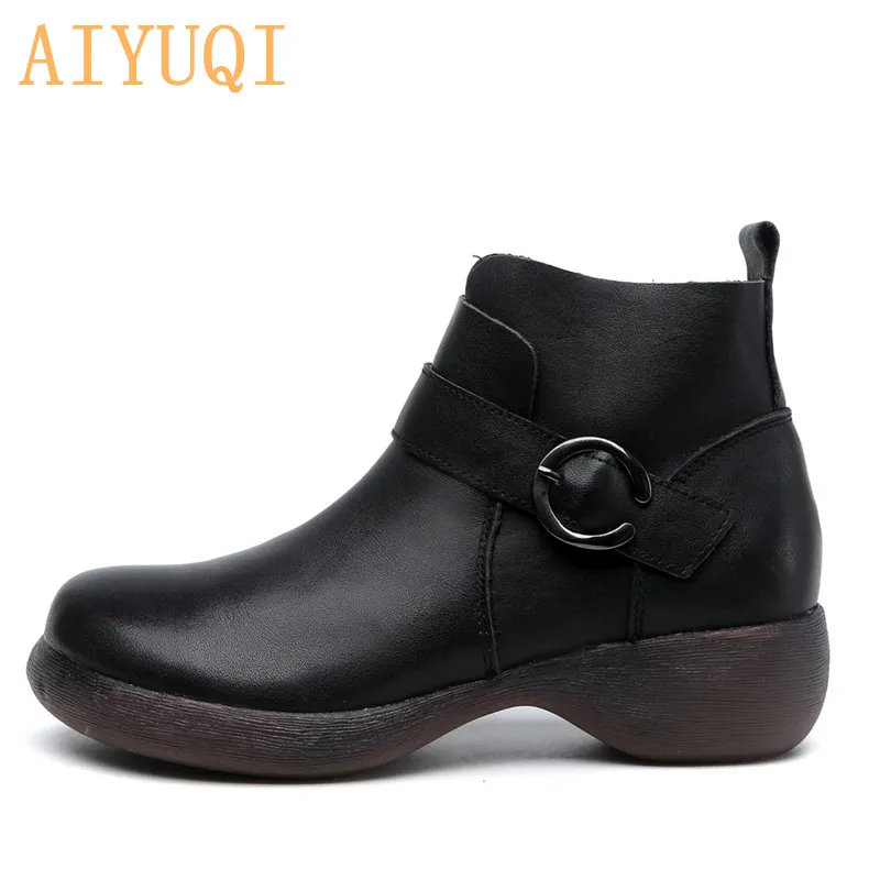 black AIYUQI женская обувь; Новинка года; женская обувь на танкетке с высоким берцем; повседневные осенние женские ботинки из натуральной кожи в стиле ретро - Цвет: black