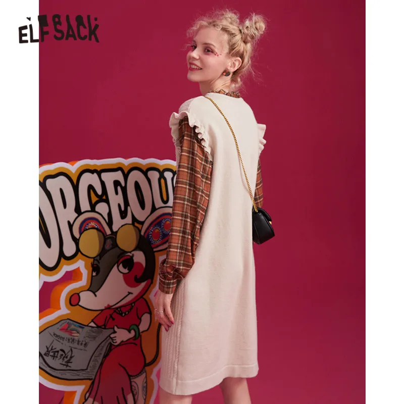 ELFSACK, черное платье в клеточку, лоскутное, повседневное, женское платье, зима, абрикосовое, модное, длинное, с оборками, рукав, прямое, женские платья