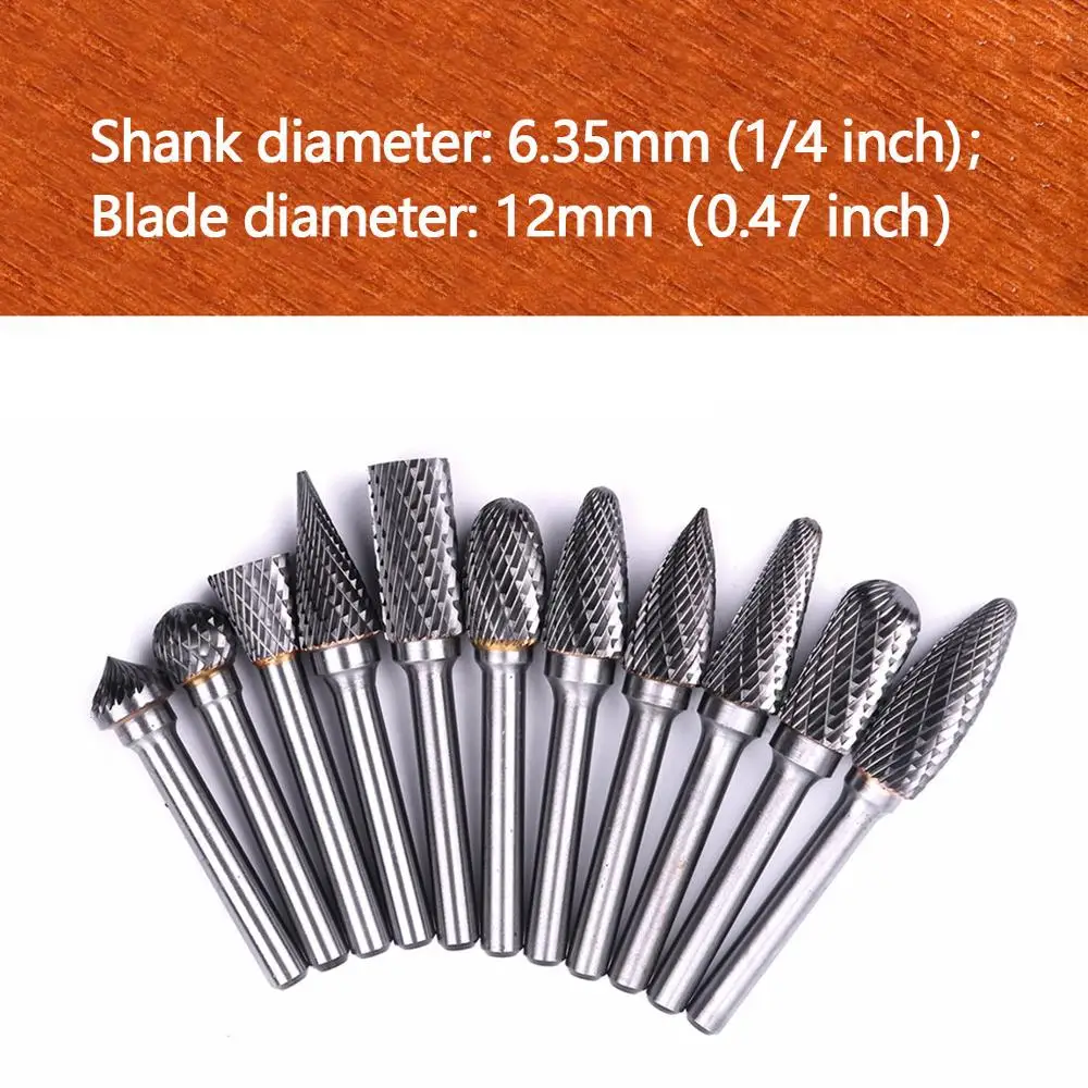 

1PC 9 Types 12mm Tungsten Carbide Burrs Bit Double Cut CNC Engraving 1/4" Rotary File Cutter Power Tools Dremel Accessories Burr